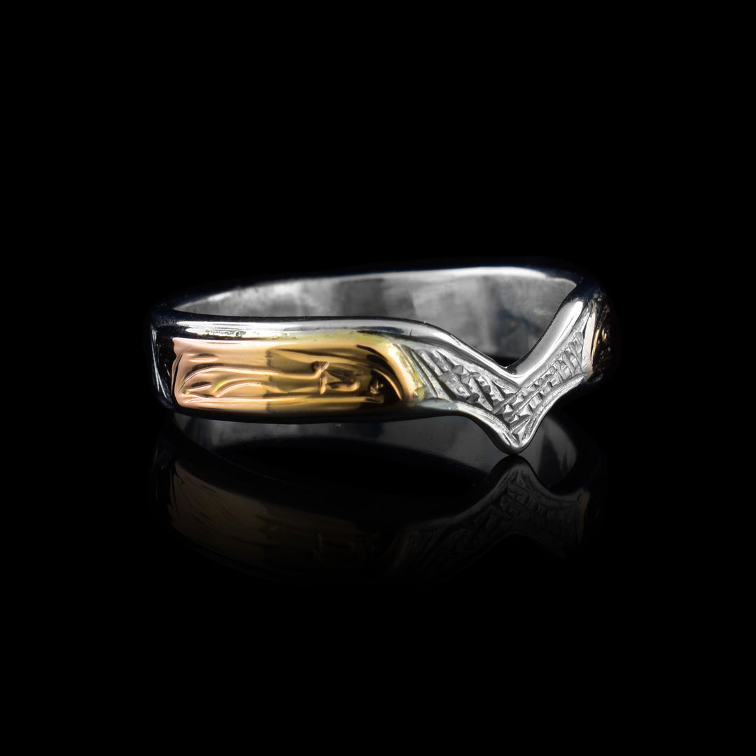 1/8" wide made with sterling silver and 14k gold Raven V-Ring.