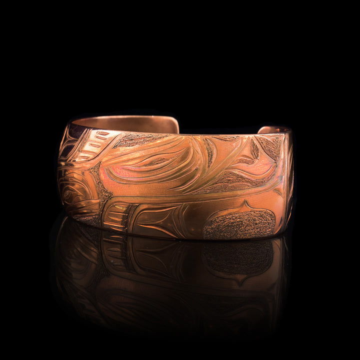 1" Copper Orca Cuff has been hand carved with the legend of the orca. 