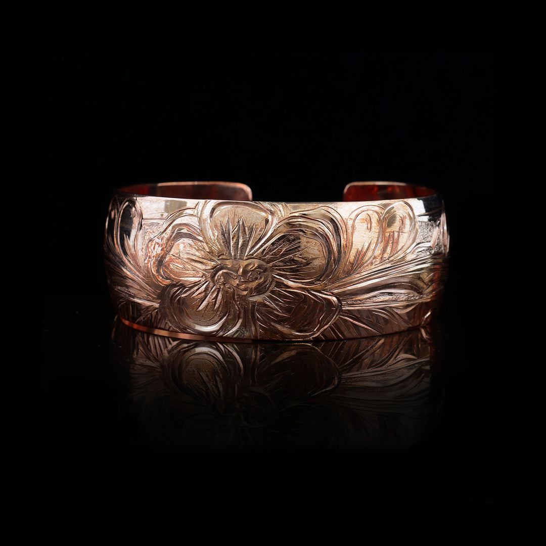 1" Hummingbird and Flower Copper Cuff Bracelet