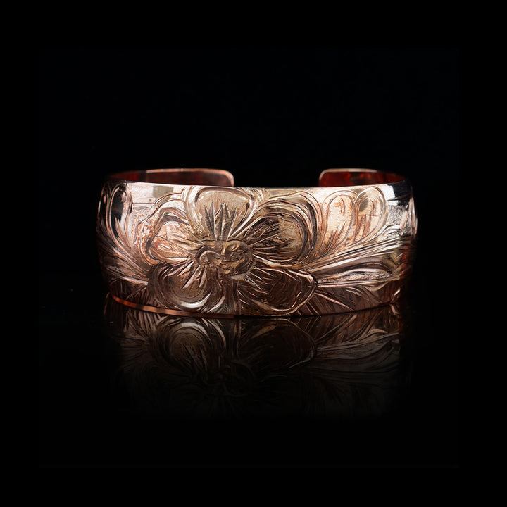1" Hummingbird and Flower Copper Cuff Bracelet