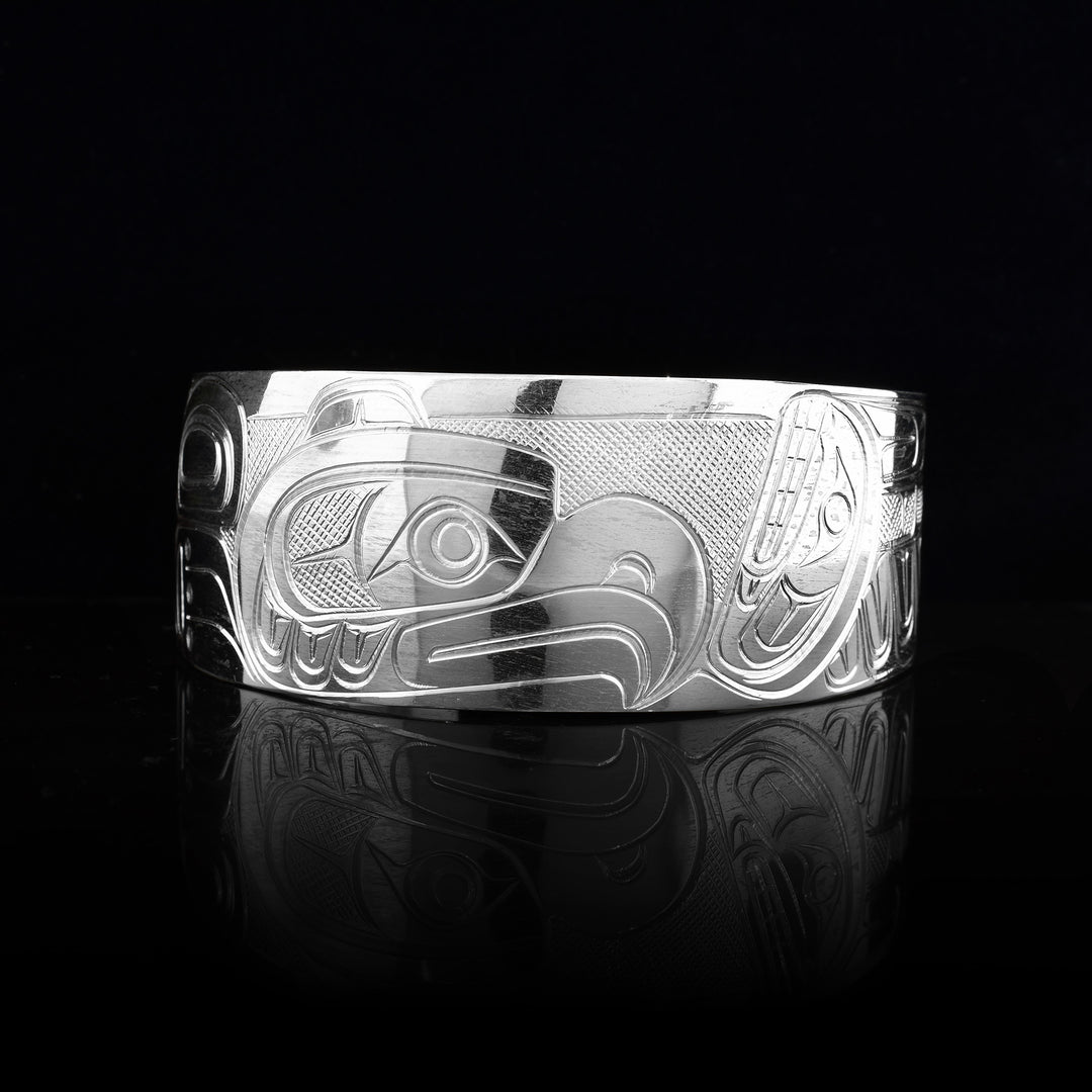 1" Sterling Silver Thunderbird and Orca Cuff indigenous carved bracelet.
