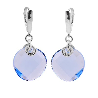 These circle crystal earrings have circle shaped hangs made from blue aqua Swarovski crystals. The crystals are connected to the hooks with small, sterling silver hoops with multiple hoops linked through them.