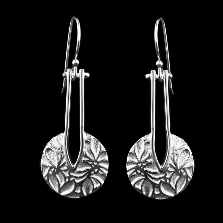 Flower Textured Long Circle Earrings