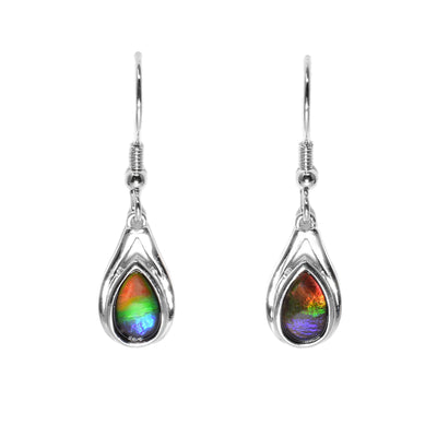 These ammolite earrings are teardrop-shaped and each earring is a varying mix of red, orange, green, blue, and purple.