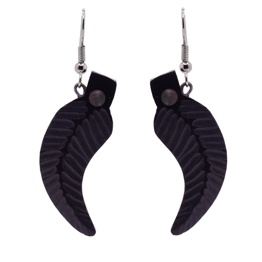 Hand-carved argillite feather dangle earrings, each with a small abalone circle near top of earring. Feathers pointing downwards. By Haida artist Amy Edgars.