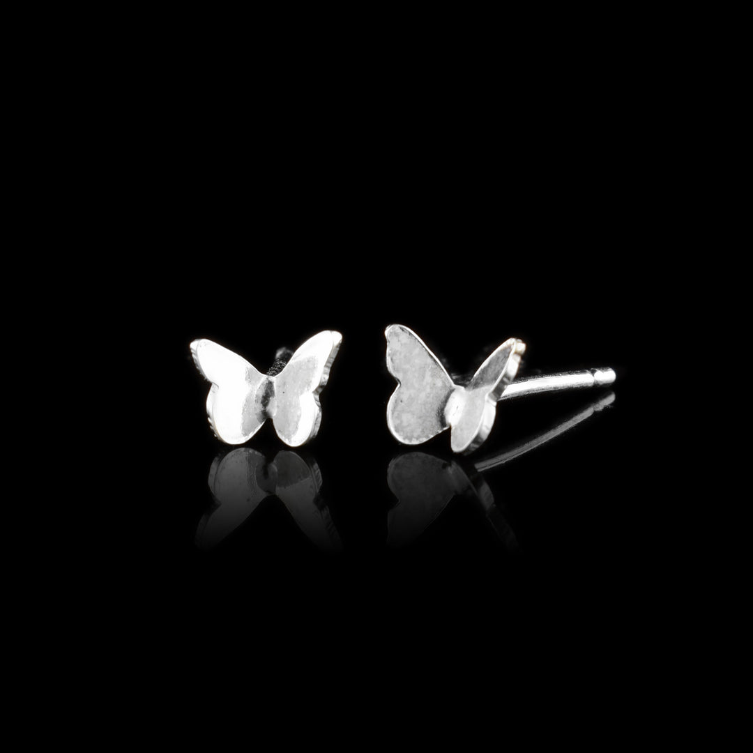 These butterfly earrings are made from sterling silver and are shaped like butterflies. Their wings are bent upwards.