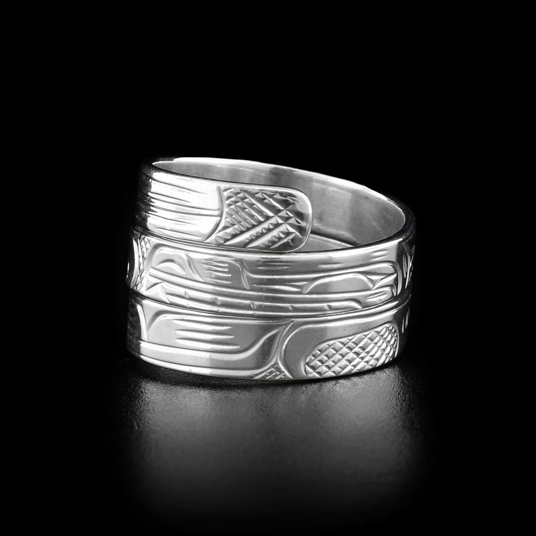 Right side photo of the wrap ring depicts the head of a wolf facing towards the center. The center of the ring is where the wolf's snout and eagle's beak meet.