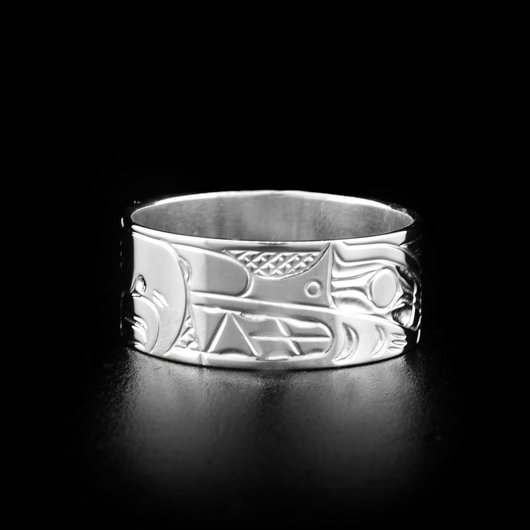 Right photo of the ring depicts the head of a wolf facing the center towards the eagle with a long snout and teeth showing.