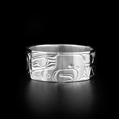 Left photo of the silver ring depicts the head of an eagle facing towards the center of the ring with a long, pointy beak.