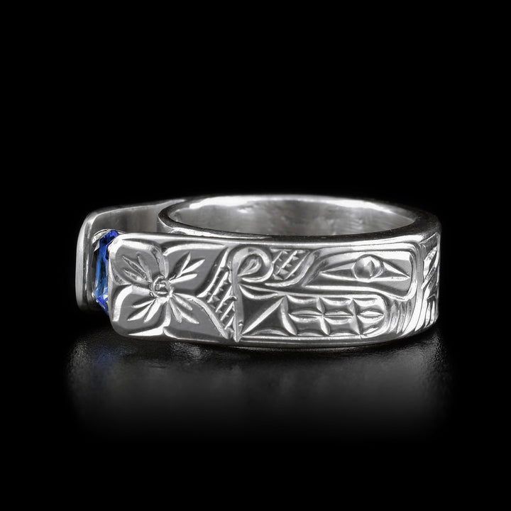 Side photo of the wolf ring depicts the head of a wolf with its teeth showing facing towards the center of the ring with its paw and body carved behind it. The other side of the band has the same carving.