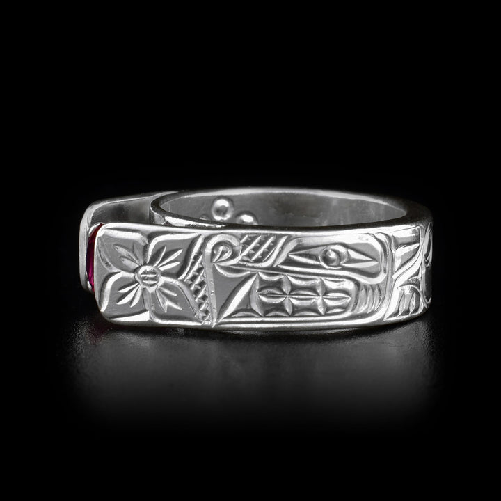 Side photo of the wolf ring depicts the head of a wolf facing towards the center of the ring with its paws and body behind it. Other side of the ring is identical.