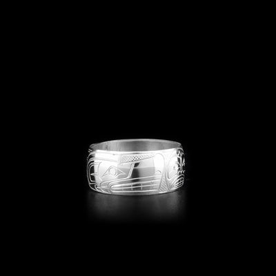 This Moon and Wolf ring is made from sterling silver. It has a wide band and there are depictions of the Wolf and the Moon carved into the surface of it.