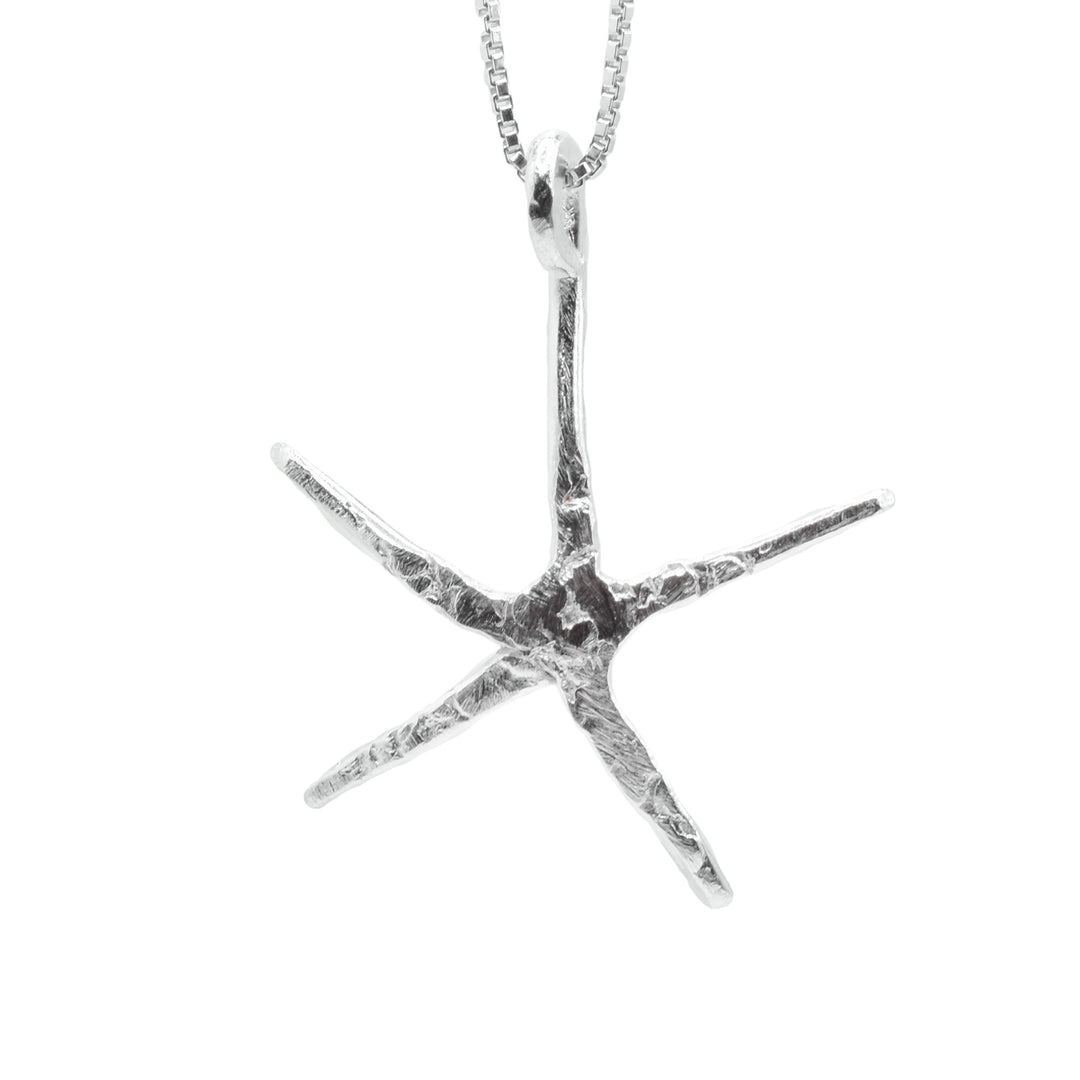 This starfish pendant necklace is made from sterling silver and shape like a starfish. There are five arms that are very thin and have a somewhat rugged texture to them.