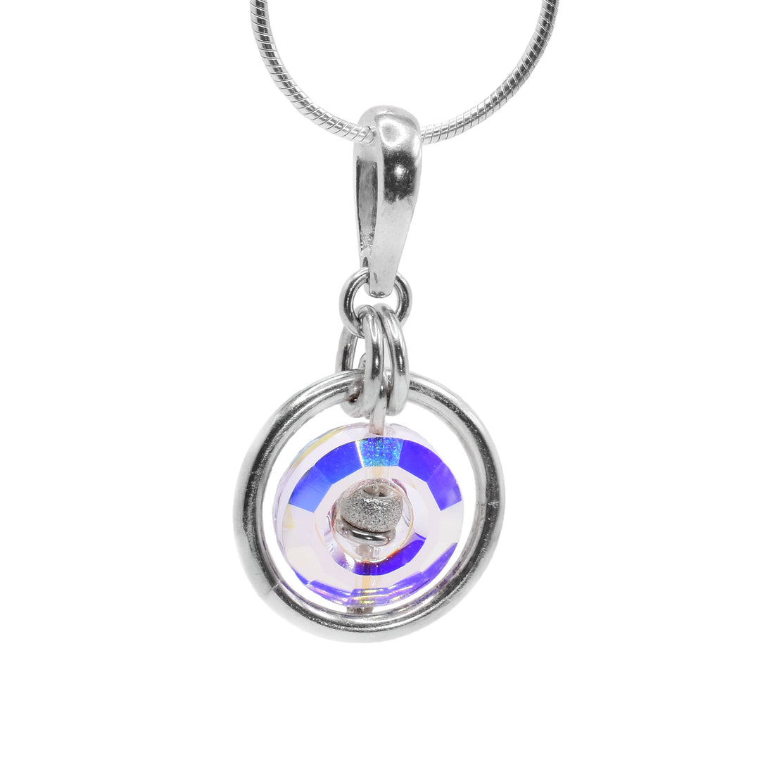 This circle crystal pendant has multiple sterling silver hoops that link together and holds a circle shaped aurora borealis Swarovski crystal at the end. There is a large silver hoop going around the crystal.