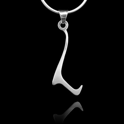 These sterling silver pendants drop down and branches to the right to form an "L" shape. The end of the L curves up at the end in a hook like fashion. The pendants depict a Haida Gwaii character.