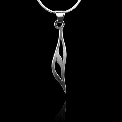 These sterling silver pendants drop down and split to form a long, teardrop shape. The piece is cutout in the middle and their is a piece in the middle of the cutout. The piece depicts a Haida Gwaii character.