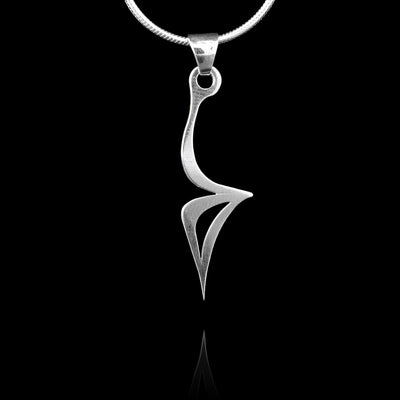 These sterling silver pendants drop down and form a unique arrow shape. In the center of the piece, it sharply sticks out horizontally and forms a cutout triangle shape. The piece depicts a Haida Gwaii character.