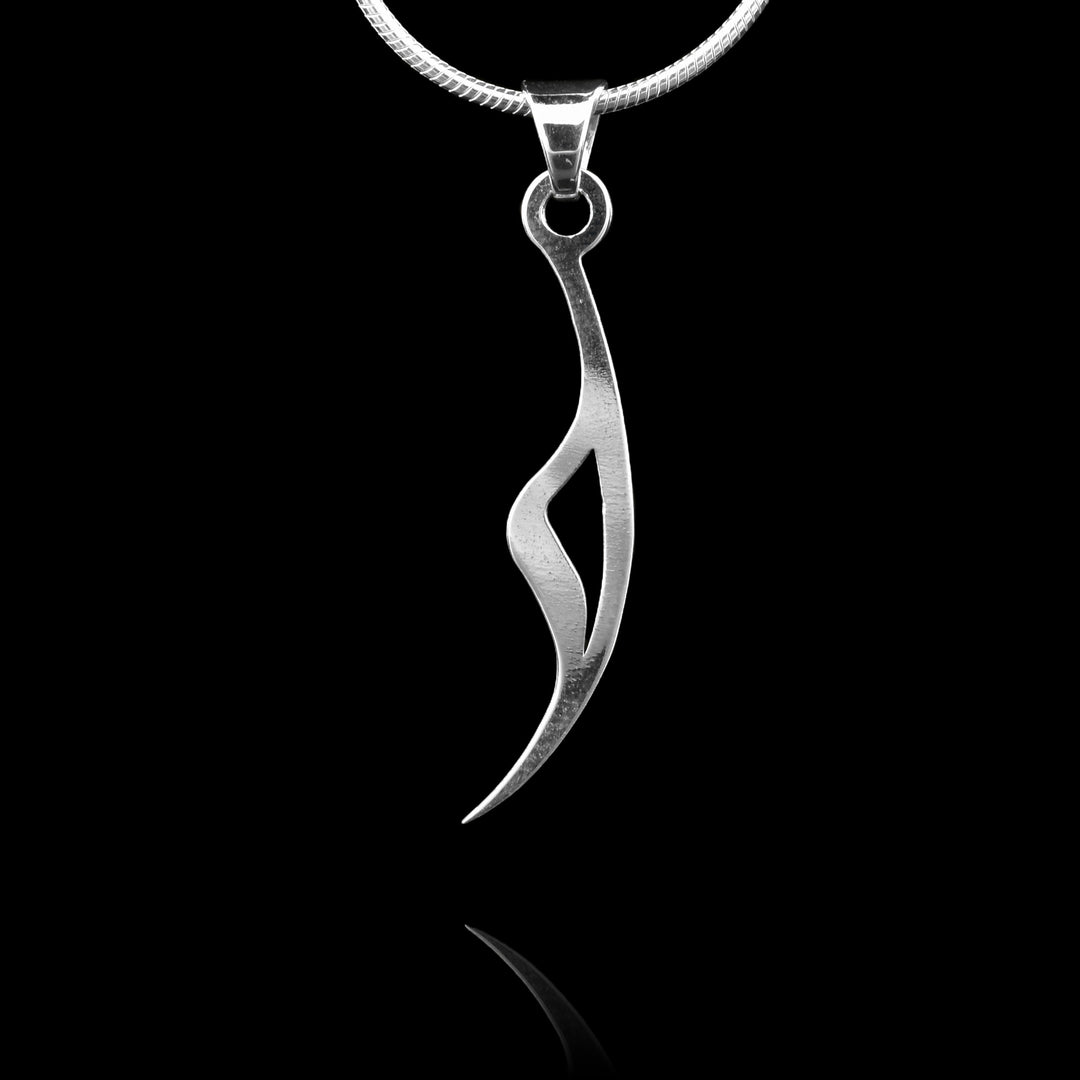 These sterling silver pendants have a curved shape and drop down. It is made up of thin, silver pieces and have a teardrop shape in the  center with a sharp, claw at the bottom. The pendant depicts a Haida Gwaii character.