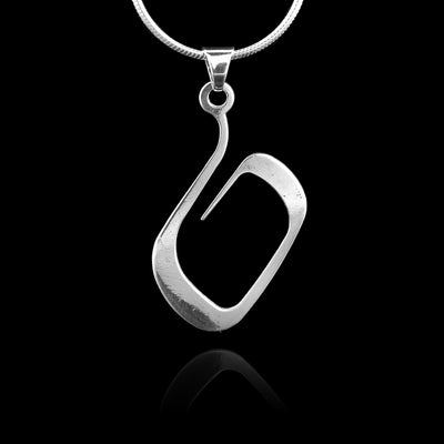 These sterling silver pendants are made from a single, thin piece that curves into a round shape. The ends of the shape are iwder. The pendant depicts a Haida Gwaii character.