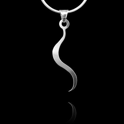 These sterling silver pendants drop down and have a wavy shape that resembles an "S". The piece depicts a Haida Gwaii character.