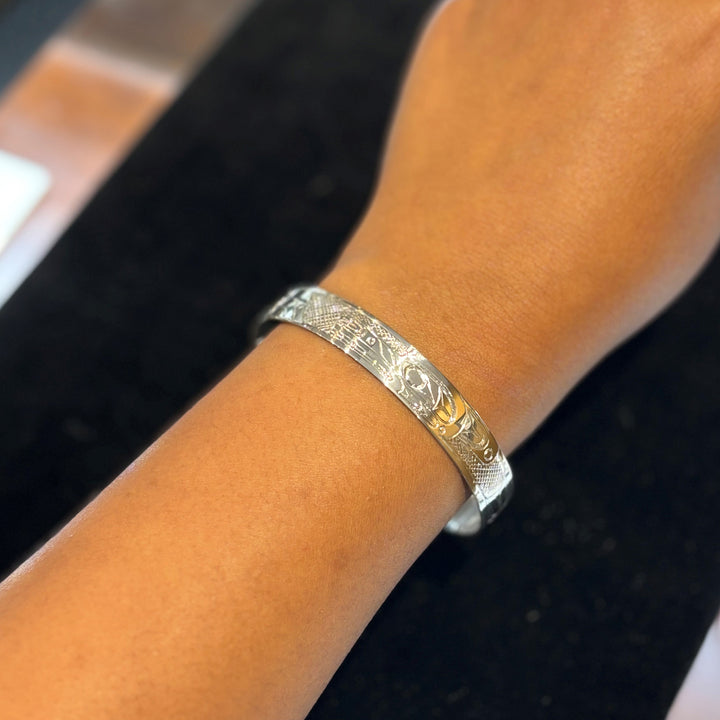 This photo shows the bracelet on a female wrist.