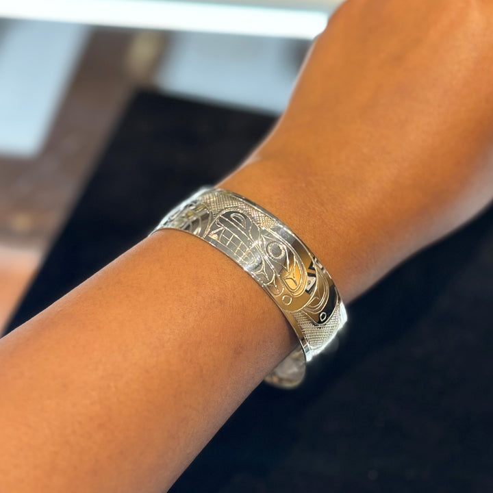 This photo shows the bear bracelet on a female wrist.