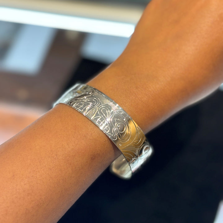 Photo shows the bear bracelet on a female wrist.