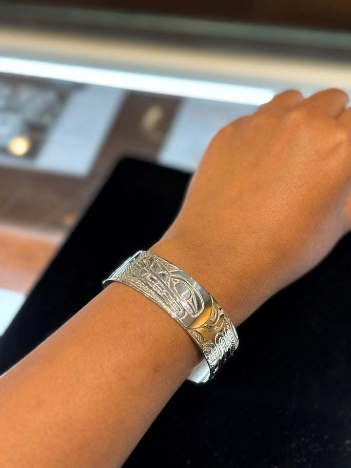 The photo shows the a close up of the bracelet on the model's wrist.
