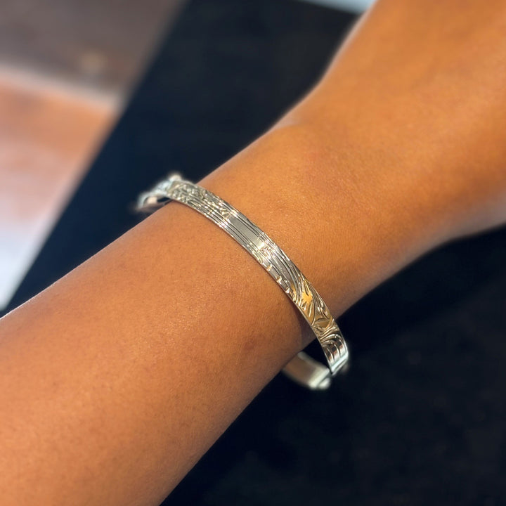 This photo depicts the bear bracelet on a female wrist.