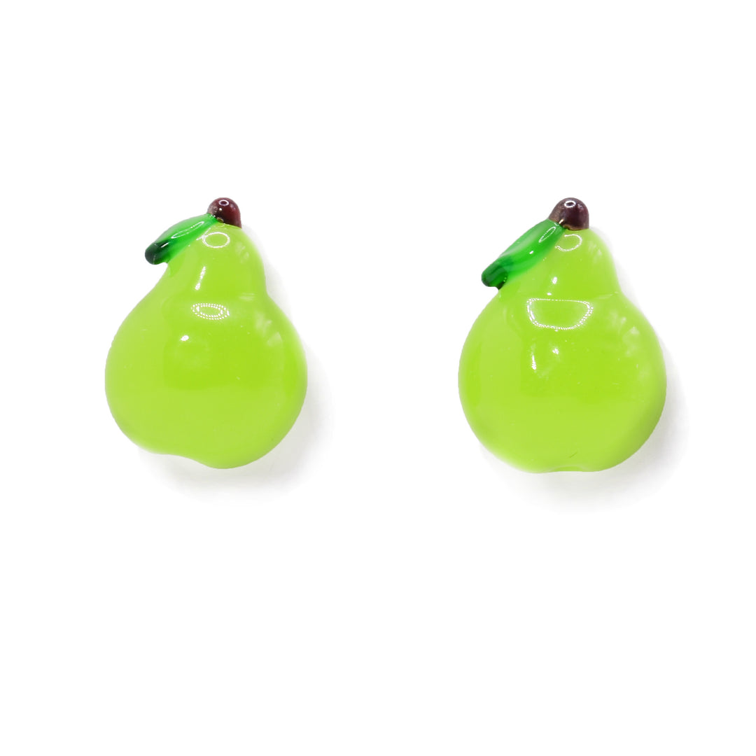 These pear stud earrings are made from lampworked glass. There are light, green pear shaped spheres made from glass with a dark green leaf and stem at the top.
