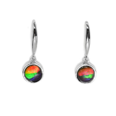 These ammolite earrings are circular in shape and are a mix of red, orange, green, blue, and violet.