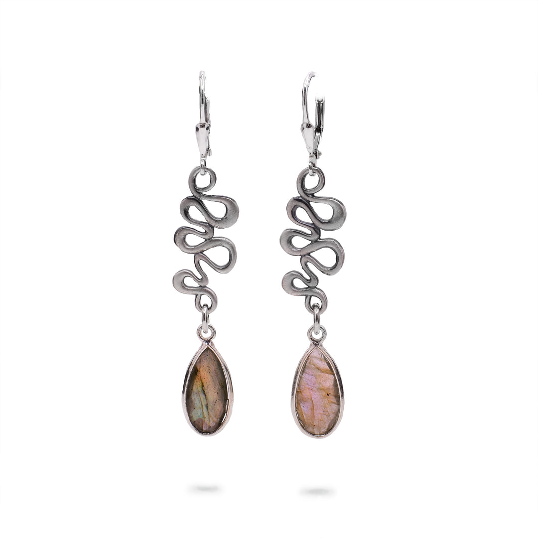 These silver earrings have teardrop shaped labradorite hangs.