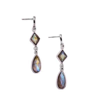 These labradorite and sterling silver dangle earrings have diamond shaped and teardtop shaped  labradorite hangs. Each earring measures 0.25" x 1.75" including the hook.