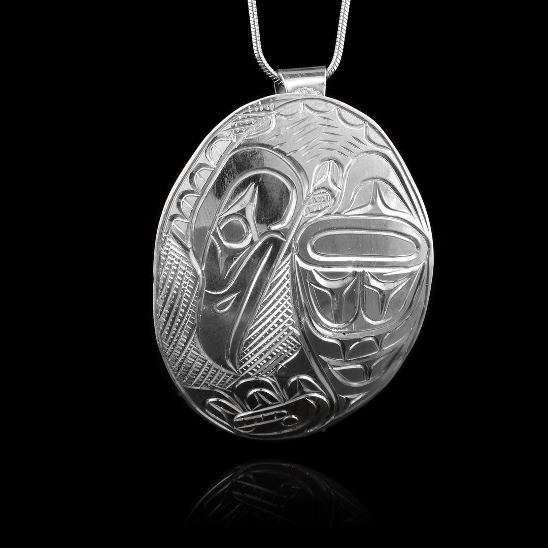 2" Sterling Silver Oval Raven Pendant