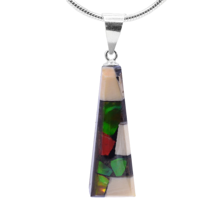 This ammolite pendant is made from fossilized mammoth ivory and ammolite gemstones. Chunks of ivory and ammolite are set in resin and make a short, tapered shape.