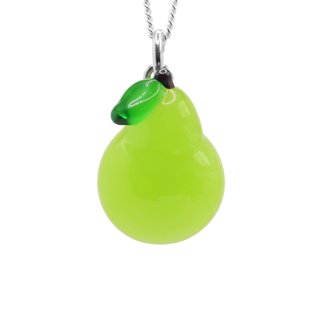 This Pear Necklace has a pendant made from lampworked glass and is a pear. There is light green glass that is a large and pear shaped sphere. At the top is a dark green leaf and a brown stem at the top.