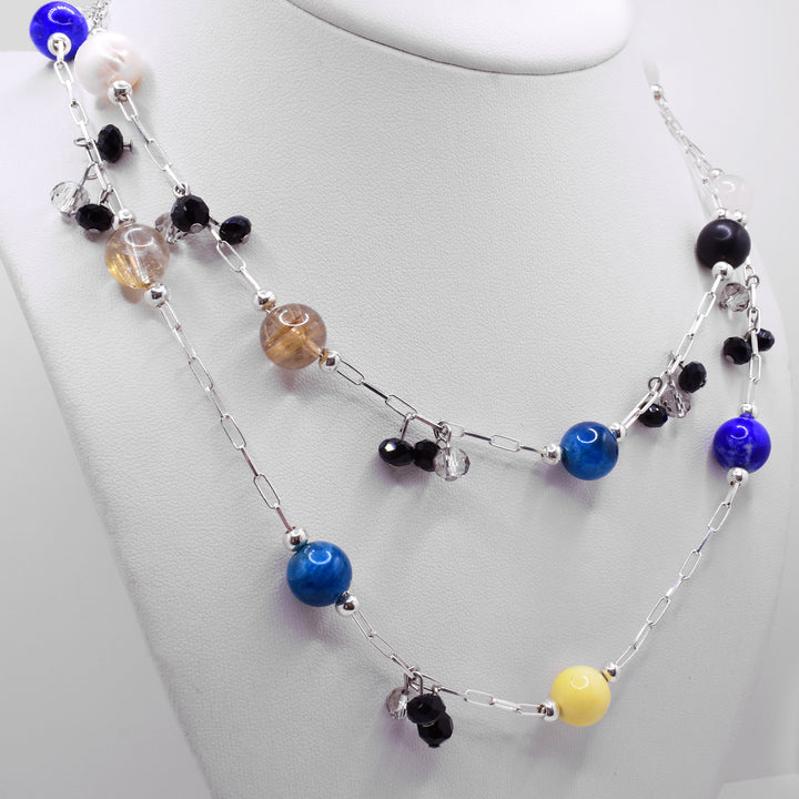 Second photo of the multi gemstone necklace shows the necklace wrapped twice around a white necklace display.