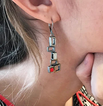 Photo shows the earrings on the ear of  model. It is a close up on the ear and neck of the model.