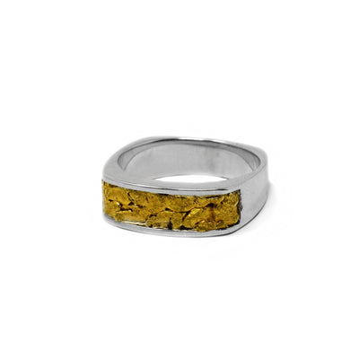 This gold nugget ring is square in shape and the front has a strip of 22k yellow gold nuggets.