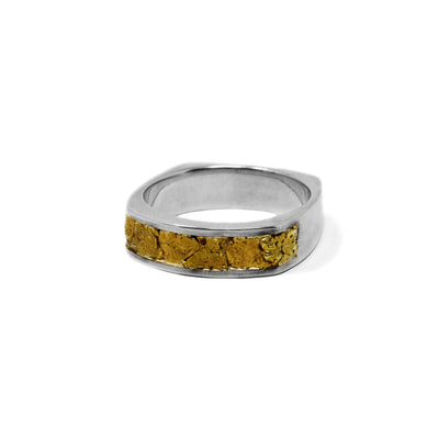 This gold nugget ring has a strip of 22K gold nuggets across the front. Finger hole is circular, but ring is square in shape.