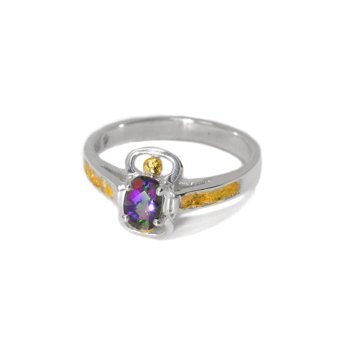 This topaz ring has a unique center piece that is square shaped with a round topaz as the focal point and gold nugget accents on the left, right, and above the topaz.