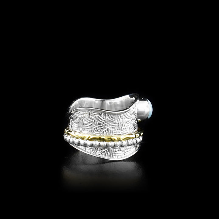 This spinner ring is made form sterling silver, brass and larimar gemstone. There is a wide, wavy and silver band with an ovoid larimar gem held on the top of it, There is a textured silver hoop and a brass hoop on the band that spin around the band.
