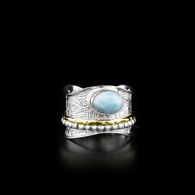 This spinner ring is made form sterling silver, brass and larimar gemstone. There is a wide, wavy and silver band with an ovoid larimar gem held on the top of it, There is a textured silver hoop and a brass hoop on the band that spin around the band.