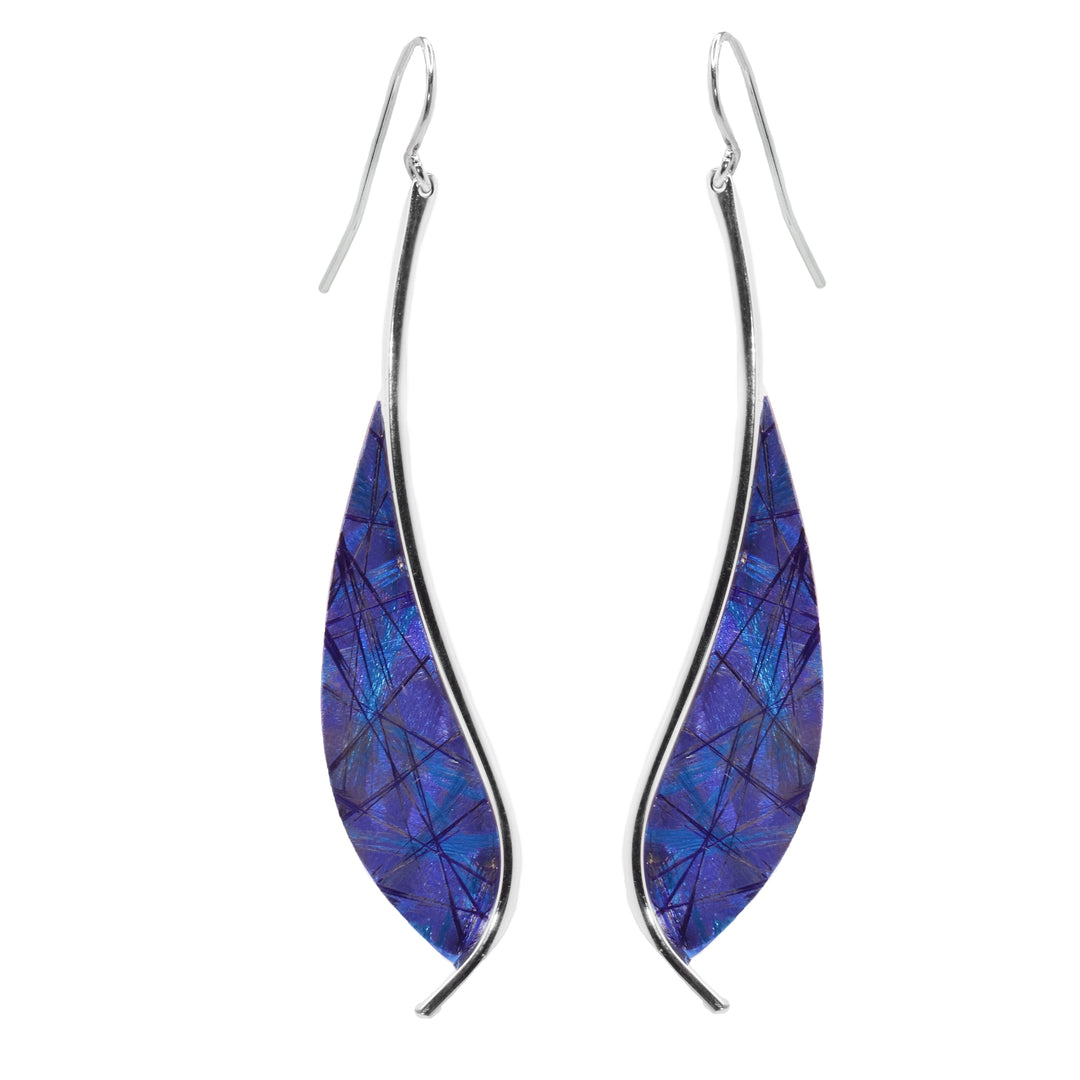 These titanium drop earrings are made from sterling silver and anodized titanium. The earring have blue, wavy hangs with colorful designs achieved by anodizing the metal.