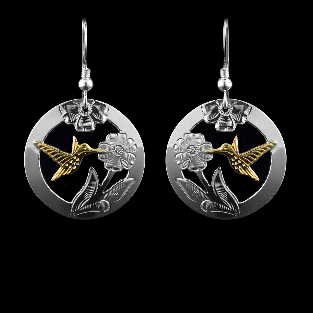 Sterling Silver and 10K Gold Round Hummingbird Earrings
