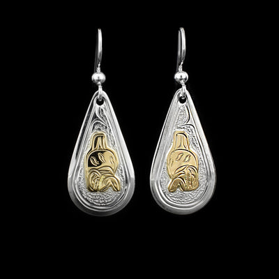 These orca earrings are teardrop in shape and depict a full-bodied orca as if it was jumping out of the water and going back in.