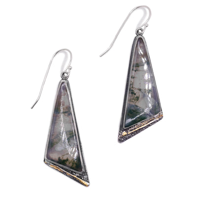 These moss agate earrings are in a triangular shape. The moss agate takes up a large portion of the earring while the bottom bit has oxidized sterling silver with 24k yellow gold accents.