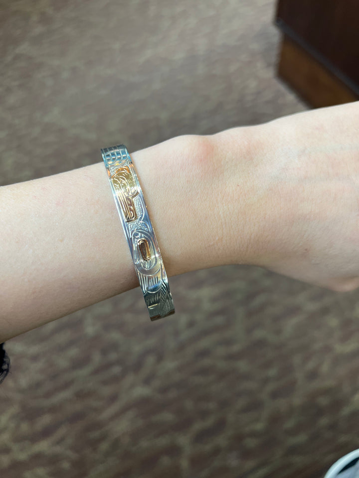 Silver and Gold Salmon and Bear Cuff - Artina's Jewellery