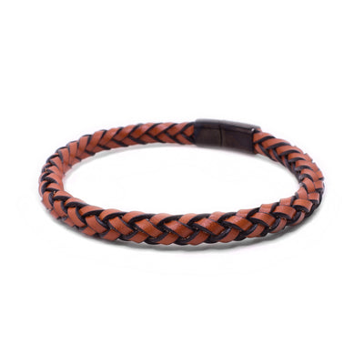 This leather bracelet is light brown and black in colour and has been woven together. It has a black, magnetic steel clasp.