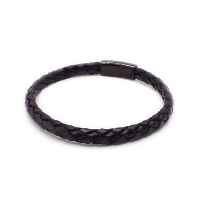This leather bracelet is composed of woven black leather with a black magnetic steel clasp.